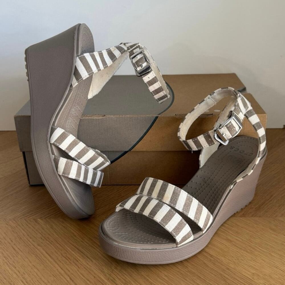 Crocs Comfort ‘Striped Beige’ Women Slip On Wedge Sandals- SZ 8